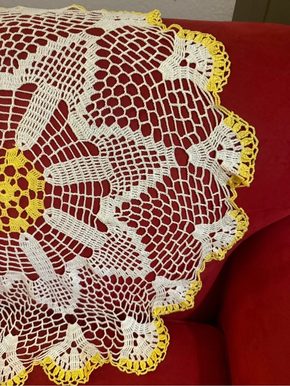 Big handcrafted Vintage White and Yellow Crochet Doily lace Table Accent